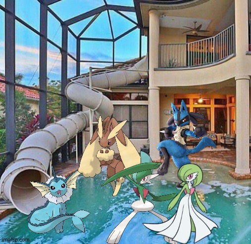 Vaporeon and friends having fun at a hotel pool | image tagged in waterslide from hotel room,pokemon | made w/ Imgflip meme maker