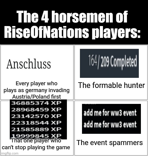 It's true though | The 4 horsemen of RiseOfNations players:; Every player who plays as germany invading Austria/Poland first; The formable hunter; That one player who can't stop playing the game; The event spammers | image tagged in memes,blank comic panel 2x2,roblox riseofnations,roblox meme,4 horsemen | made w/ Imgflip meme maker