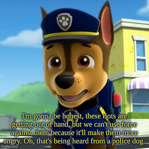 PAW Patrol: Chase Shocked/Scared(?) | I'm gonna be honest, these riots are getting out of hand, but we can't use force against them because it'll make them more angry. Oh, that's | image tagged in paw patrol chase shocked/scared | made w/ Imgflip meme maker