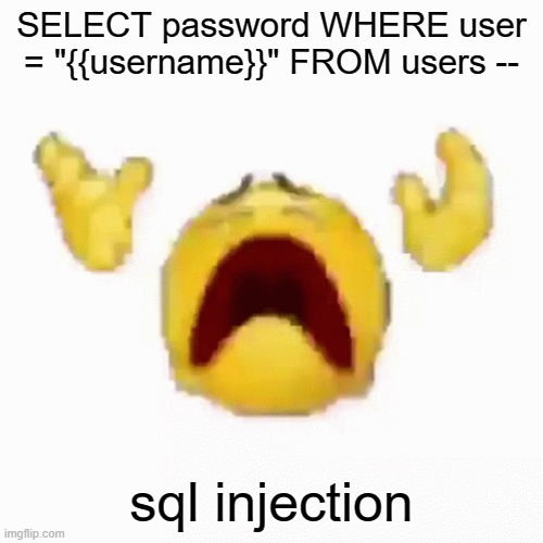 :nooo: | SELECT password WHERE user = "{{username}}" FROM users --; sql injection | image tagged in nooo | made w/ Imgflip meme maker