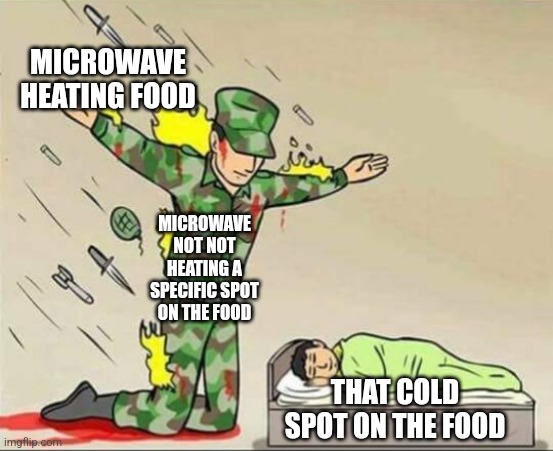 Microwaves should heat food evenly | MICROWAVE HEATING FOOD; MICROWAVE NOT NOT HEATING A SPECIFIC SPOT ON THE FOOD; THAT COLD SPOT ON THE FOOD | image tagged in soldier protecting sleeping child | made w/ Imgflip meme maker