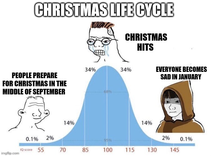 January is sad | CHRISTMAS LIFE CYCLE; CHRISTMAS HITS; EVERYONE BECOMES SAD IN JANUARY; PEOPLE PREPARE FOR CHRISTMAS IN THE MIDDLE OF SEPTEMBER | image tagged in bell curve,january,christmas | made w/ Imgflip meme maker