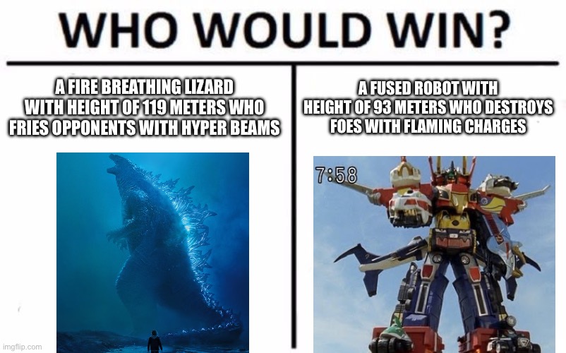 Titan Lizard vs Power Ranger Giant | A FIRE BREATHING LIZARD WITH HEIGHT OF 119 METERS WHO FRIES OPPONENTS WITH HYPER BEAMS; A FUSED ROBOT WITH HEIGHT OF 93 METERS WHO DESTROYS FOES WITH FLAMING CHARGES | image tagged in memes,who would win | made w/ Imgflip meme maker