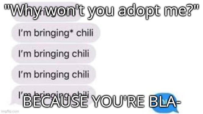 I'm not sure if y'all get the reference. | "Why won't you adopt me?"; BECAUSE YOU'RE BLA- | image tagged in i'm bring chili | made w/ Imgflip meme maker