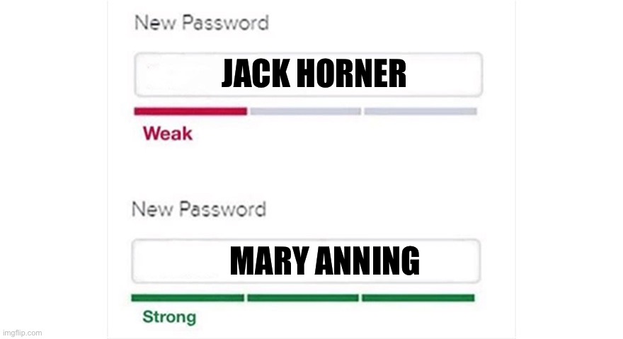 Weak strong password | JACK HORNER; MARY ANNING | image tagged in weak strong password,dinosaurs,dinosaur,memes,meme,shitpost | made w/ Imgflip meme maker