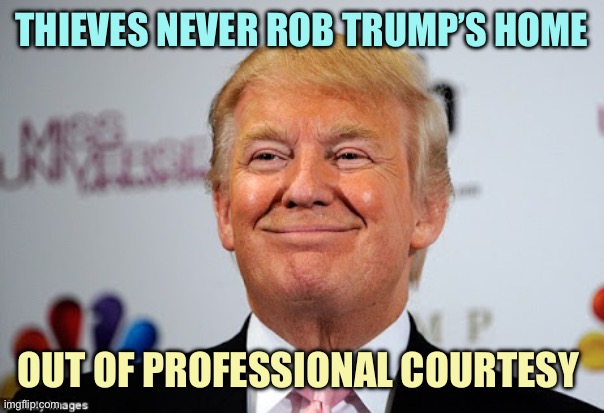 Donald trump approves | THIEVES NEVER ROB TRUMP’S HOME; OUT OF PROFESSIONAL COURTESY | image tagged in donald trump approves,memes | made w/ Imgflip meme maker