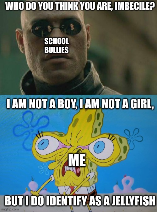 Looking at this, I realize what Gen Alpha has done to us... | WHO DO YOU THINK YOU ARE, IMBECILE? SCHOOL BULLIES; I AM NOT A BOY, I AM NOT A GIRL, ME; BUT I DO IDENTIFY AS A JELLYFISH | image tagged in memes,matrix morpheus | made w/ Imgflip meme maker