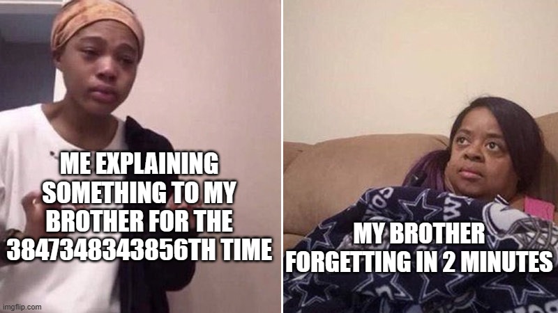 Me explaining to my mom | ME EXPLAINING SOMETHING TO MY BROTHER FOR THE 3847348343856TH TIME; MY BROTHER FORGETTING IN 2 MINUTES | image tagged in me explaining to my mom | made w/ Imgflip meme maker