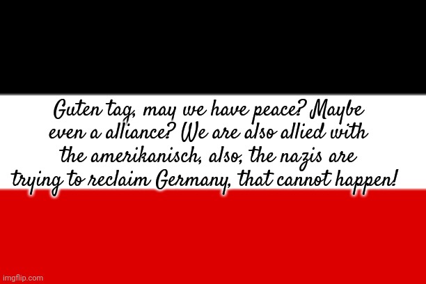 German Empire | Guten tag, may we have peace? Maybe even a alliance? We are also allied with the amerikanisch, also, the nazis are trying to reclaim Germany, that cannot happen! | image tagged in german empire | made w/ Imgflip meme maker