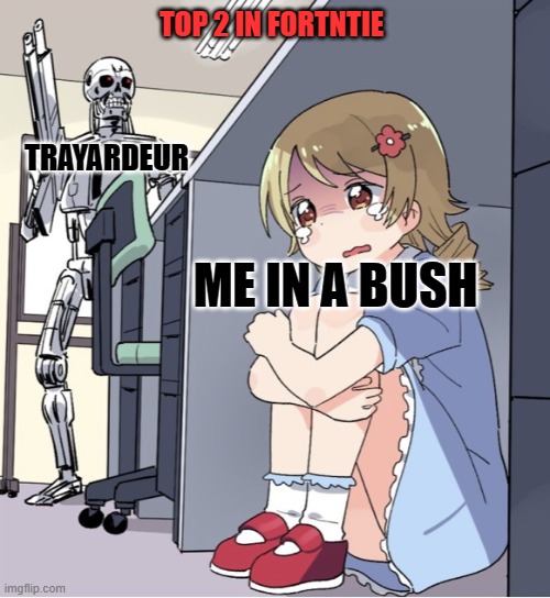 Anime Girl Hiding from Terminator | TOP 2 IN FORTNTIE; TRAYARDEUR; ME IN A BUSH | image tagged in anime girl hiding from terminator | made w/ Imgflip meme maker