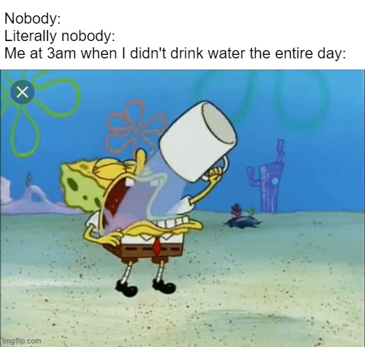 Like, for some reason I think about a random thing that I cannot explain at all in the middle of the night. | Nobody:
Literally nobody:
Me at 3am when I didn't drink water the entire day: | image tagged in spongebob drinking water,3am | made w/ Imgflip meme maker