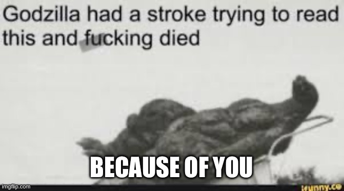 Godzilla dying | BECAUSE OF YOU | image tagged in godzilla,godzilla had a stroke trying to read this and fricking died | made w/ Imgflip meme maker