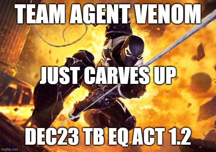 Agent Venom | TEAM AGENT VENOM; JUST CARVES UP; DEC23 TB EQ ACT 1.2 | image tagged in mcoc agent venom,mcoc | made w/ Imgflip meme maker