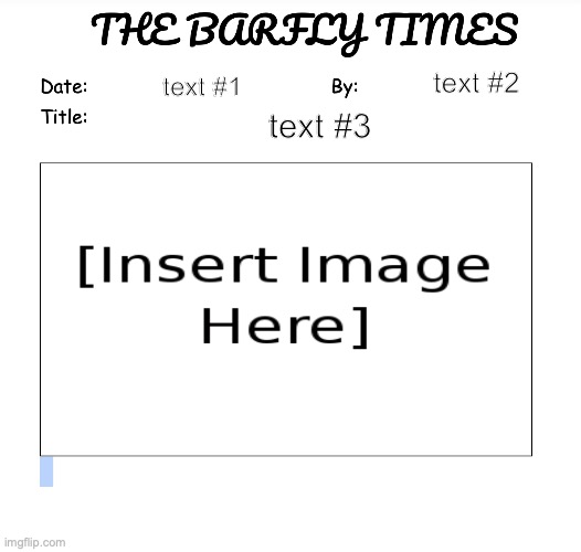 Made for the user imBARF over 8mo ago. | text #2; text #1; text #3 | image tagged in the barfly times news template,templates,news | made w/ Imgflip meme maker