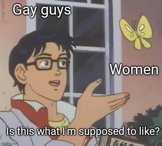 Gay | Gay guys; Women; Is this what I'm supposed to like? | image tagged in is this butterfly,memes,gay | made w/ Imgflip meme maker