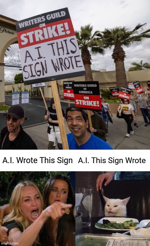 A.I. Wrote This Sign; A.I. This Sign Wrote | image tagged in memes,woman yelling at cat,protest,ai | made w/ Imgflip meme maker