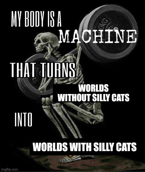 I am the silly cat giver | WORLDS WITHOUT SILLY CATS; WORLDS WITH SILLY CATS | image tagged in my body is a machine | made w/ Imgflip meme maker