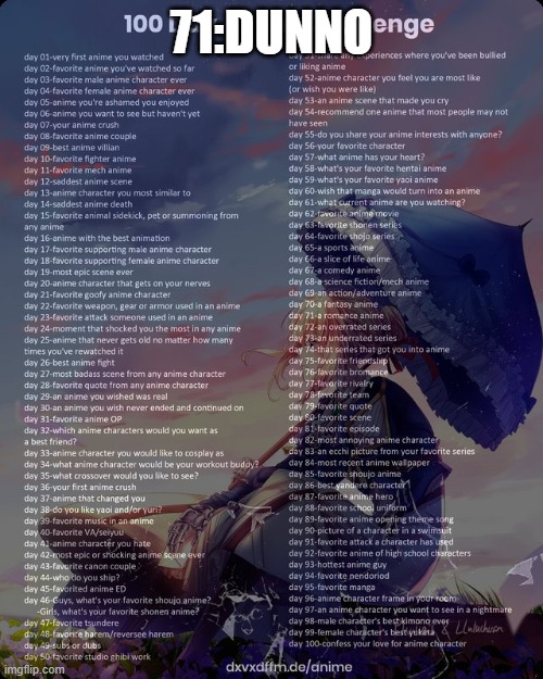100 day anime challenge | 71:DUNNO | image tagged in 100 day anime challenge | made w/ Imgflip meme maker