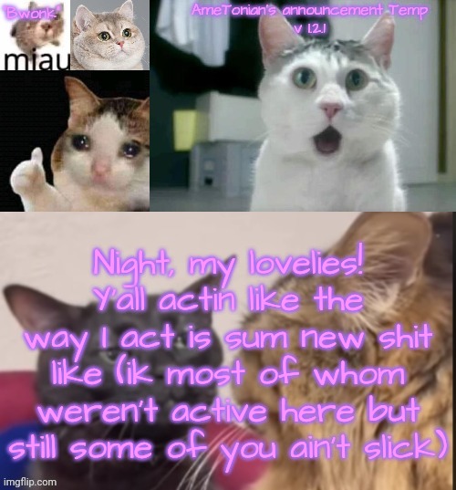 AmeTonian's announcement Temp v 1.2.1 | Night, my lovelies!
Y'all actin like the way I act is sum new shit like (ik most of whom weren't active here but still some of you ain't slick) | image tagged in ametonian's announcement temp v 1 2 1 | made w/ Imgflip meme maker