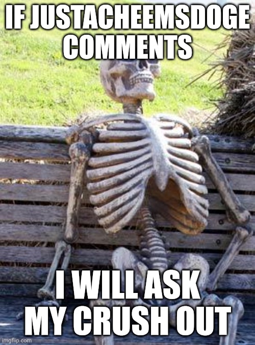 Waiting Skeleton | IF JUSTACHEEMSDOGE COMMENTS; I WILL ASK MY CRUSH OUT | image tagged in memes,waiting skeleton | made w/ Imgflip meme maker