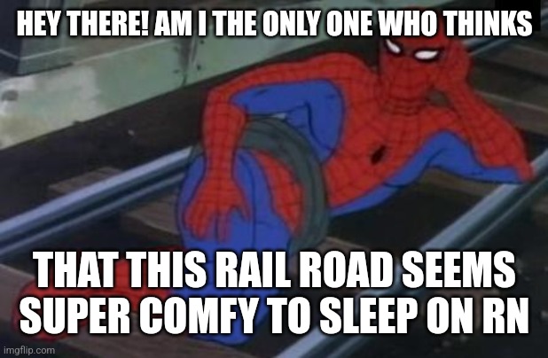 Sexy Railroad Spiderman Meme | HEY THERE! AM I THE ONLY ONE WHO THINKS; THAT THIS RAIL ROAD SEEMS SUPER COMFY TO SLEEP ON RN | image tagged in memes,sexy railroad spiderman,spiderman | made w/ Imgflip meme maker