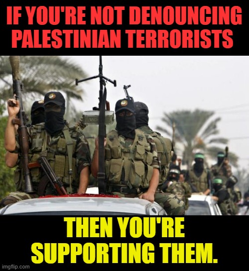 It's The Truth | IF YOU'RE NOT DENOUNCING PALESTINIAN TERRORISTS; THEN YOU'RE SUPPORTING THEM. | image tagged in memes,not,against,terrorists,support,terror | made w/ Imgflip meme maker