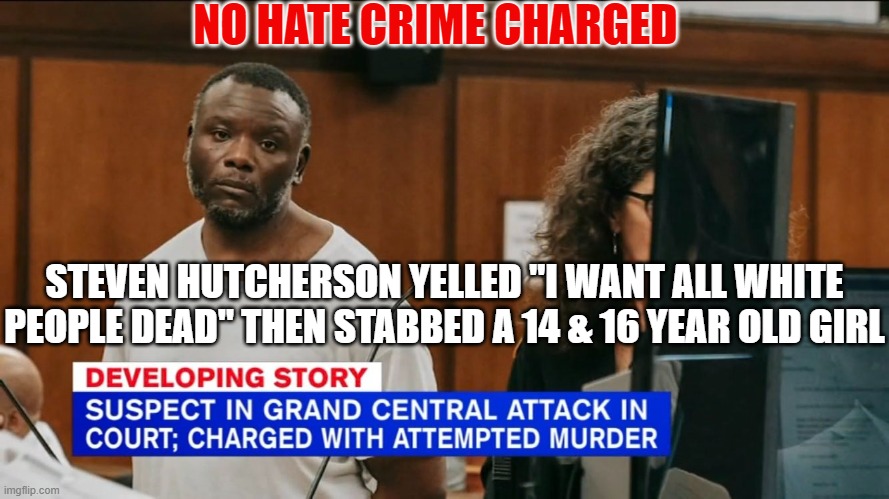Hate Crimes | NO HATE CRIME CHARGED; STEVEN HUTCHERSON YELLED "I WANT ALL WHITE PEOPLE DEAD" THEN STABBED A 14 & 16 YEAR OLD GIRL | image tagged in hate crime,racist,racism,genocide,affirmative action,murderer | made w/ Imgflip meme maker