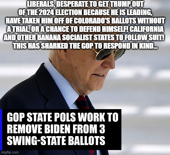 politics | LIBERALS, DESPERATE TO GET TRUMP OUT OF THE 2024 ELECTION BECAUSE HE IS LEADING, HAVE TAKEN HIM OFF OF COLORADO'S BALLOTS WITHOUT A TRIAL, OR A CHANCE TO DEFEND HIMSELF! CALIFORNIA AND OTHER BANANA SOCIALIST STATES TO FOLLOW SUIT!  
THIS HAS SHARKED THE GOP TO RESPOND IN KIND... | image tagged in political meme | made w/ Imgflip meme maker