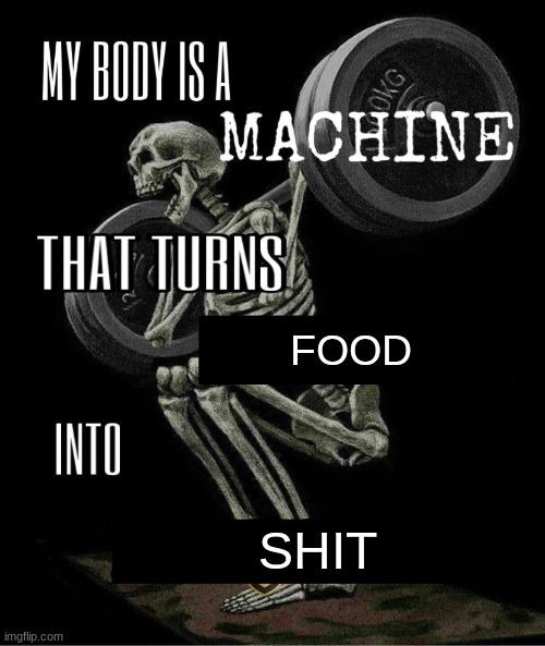 yuh | FOOD; SHIT | image tagged in my body is machine | made w/ Imgflip meme maker