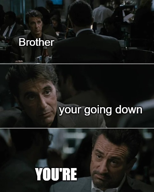 This will not end wel | Brother; your going down; YOU'RE | image tagged in you are | made w/ Imgflip meme maker