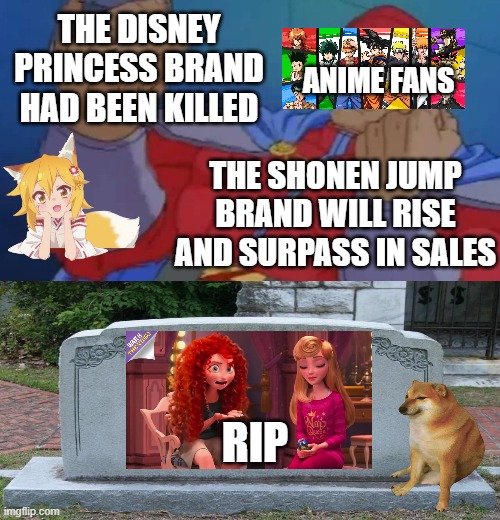 anime facts | THE DISNEY PRINCESS BRAND HAD BEEN KILLED; ANIME FANS; THE SHONEN JUMP BRAND WILL RISE AND SURPASS IN SALES; RIP | image tagged in m bison yes,anime,disney princesses,manga,history | made w/ Imgflip meme maker