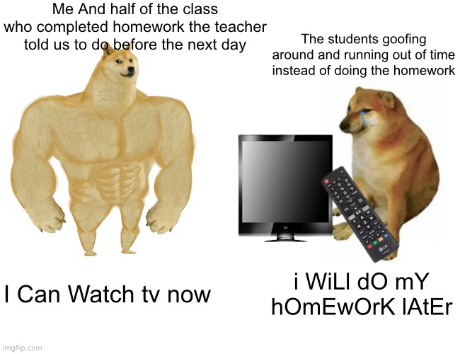 Bro They just goof around | Me And half of the class who completed homework the teacher told us to do before the next day; The students goofing around and running out of time instead of doing the homework; I Can Watch tv now; i WiLl dO mY hOmEwOrK lAtEr | image tagged in memes,buff doge vs cheems | made w/ Imgflip meme maker