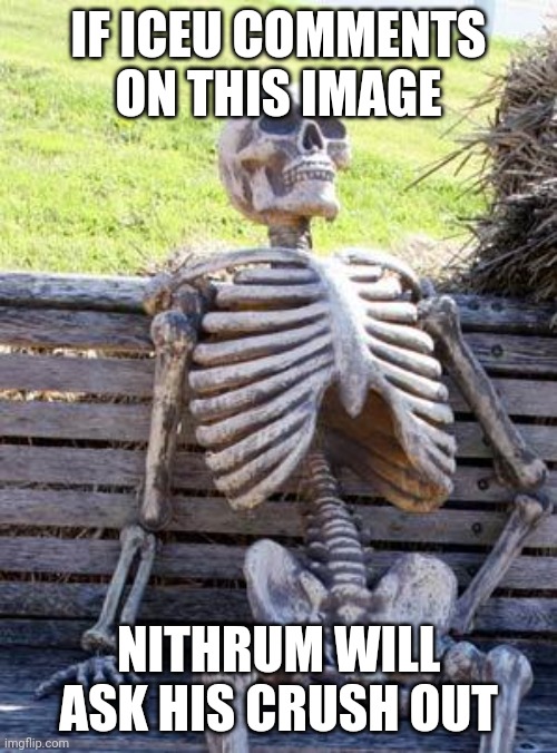 Waiting Skeleton Meme | IF ICEU COMMENTS ON THIS IMAGE; NITHRUM WILL ASK HIS CRUSH OUT | image tagged in memes,waiting skeleton | made w/ Imgflip meme maker