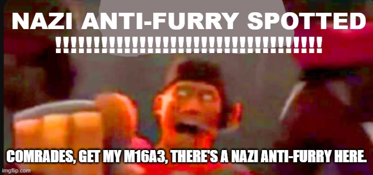 Tf2 scout pointing | NAZI ANTI-FURRY SPOTTED
!!!!!!!!!!!!!!!!!!!!!!!!!!!!!!!!!!! COMRADES, GET MY M16A3, THERE'S A NAZI ANTI-FURRY HERE. | image tagged in tf2 scout pointing | made w/ Imgflip meme maker