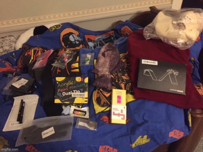 The Christmas gifts I got + a Fnaf badge | made w/ Imgflip meme maker