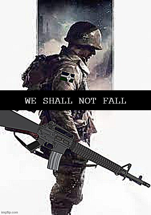We Shall Not Fall. | WE SHALL NOT FALL | image tagged in eroican wwiv soldier,pro-fandom,mepios sucks,war,propaganda | made w/ Imgflip meme maker