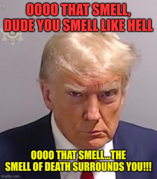 Donald Trump Mugshot | OOOO THAT SMELL, DUDE YOU SMELL LIKE HELL; OOOO THAT SMELL...THE SMELL OF DEATH SURROUNDS YOU!!! | image tagged in donald trump mugshot | made w/ Imgflip meme maker