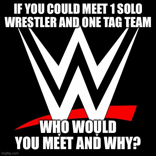 I’m doing this cause why not? | IF YOU COULD MEET 1 SOLO WRESTLER AND ONE TAG TEAM; WHO WOULD YOU MEET AND WHY? | image tagged in wwe logo | made w/ Imgflip meme maker