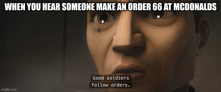good soldiers follow orders | WHEN YOU HEAR SOMEONE MAKE AN ORDER 66 AT MCDONALDS | image tagged in good soldiers follow orders | made w/ Imgflip meme maker