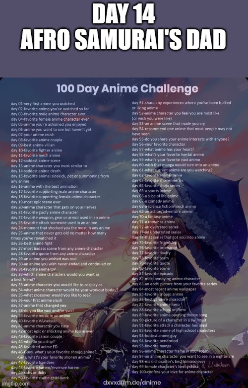 Day 14 (Is Afro Samurai an anime?) | DAY 14
AFRO SAMURAI'S DAD | image tagged in 100 day anime challenge | made w/ Imgflip meme maker