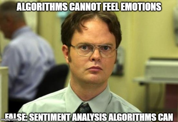 Dwight Schrute Meme | ALGORITHMS CANNOT FEEL EMOTIONS; FALSE: SENTIMENT ANALYSIS ALGORITHMS CAN | image tagged in memes,dwight schrute | made w/ Imgflip meme maker