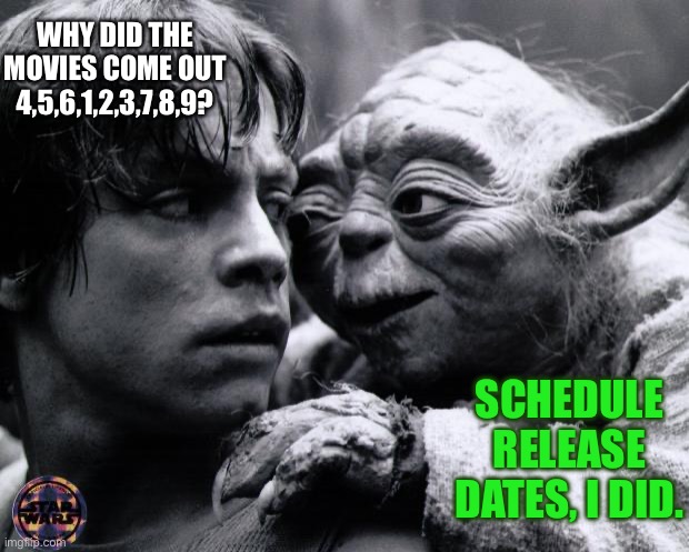 Yoda & Luke | WHY DID THE MOVIES COME OUT 4,5,6,1,2,3,7,8,9? SCHEDULE RELEASE DATES, I DID. | image tagged in yoda luke | made w/ Imgflip meme maker