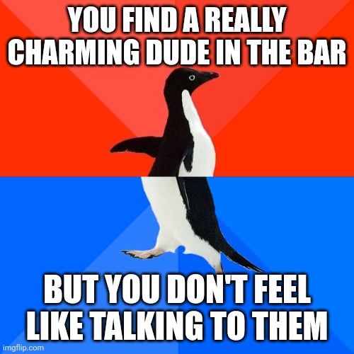 Socially Awesome Awkward Penguin Meme | YOU FIND A REALLY CHARMING DUDE IN THE BAR; BUT YOU DON'T FEEL LIKE TALKING TO THEM | image tagged in memes,socially awesome awkward penguin | made w/ Imgflip meme maker