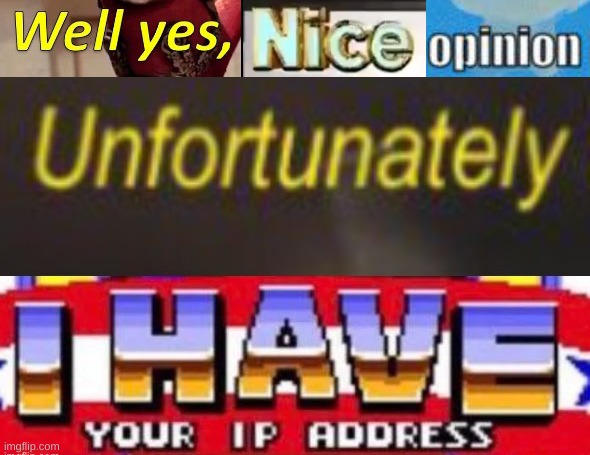 Well yes, nice opinion. Unfortunately I have your IP address | image tagged in well yes nice opinion unfortunately i have your ip address | made w/ Imgflip meme maker