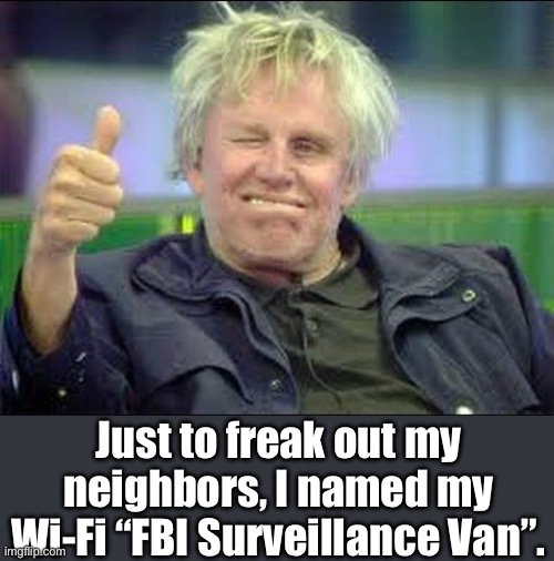 WiFi | Just to freak out my neighbors, I named my Wi-Fi “FBI Surveillance Van”. | image tagged in gary busey thumbs up | made w/ Imgflip meme maker