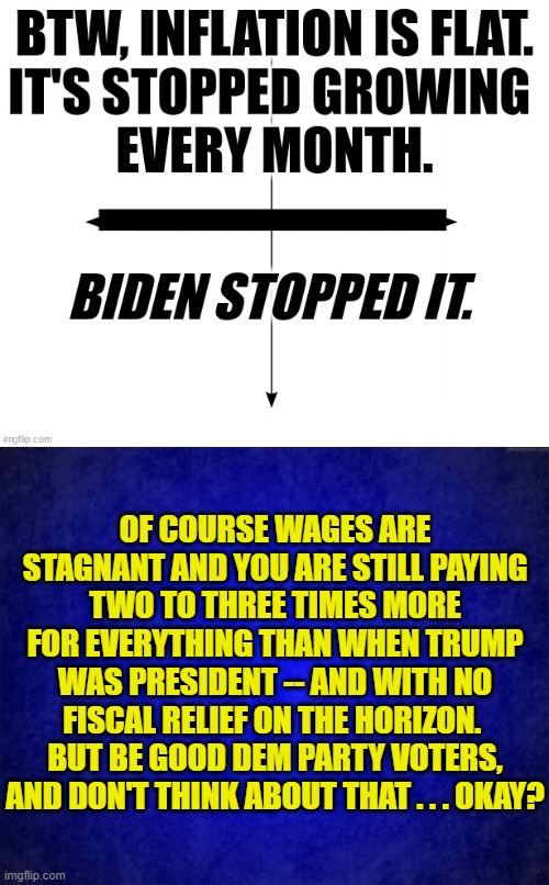 Remember . . . be GOOD Dem Party voters. | OF COURSE WAGES ARE STAGNANT AND YOU ARE STILL PAYING TWO TO THREE TIMES MORE FOR EVERYTHING THAN WHEN TRUMP WAS PRESIDENT -- AND WITH NO FISCAL RELIEF ON THE HORIZON.  BUT BE GOOD DEM PARTY VOTERS, AND DON'T THINK ABOUT THAT . . . OKAY? | image tagged in yep | made w/ Imgflip meme maker