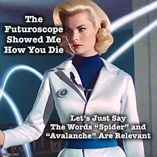 I didn’t want to know | The Futuroscope Showed Me How You Die; Let’s Just Say The Words “Spider” and “Avalanche” Are Relevant | image tagged in invisible woman,in the future,memes,prediction,death,spiders | made w/ Imgflip meme maker