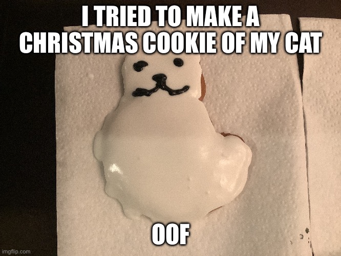 Oof | I TRIED TO MAKE A CHRISTMAS COOKIE OF MY CAT; OOF | image tagged in cat,cookie,meme | made w/ Imgflip meme maker