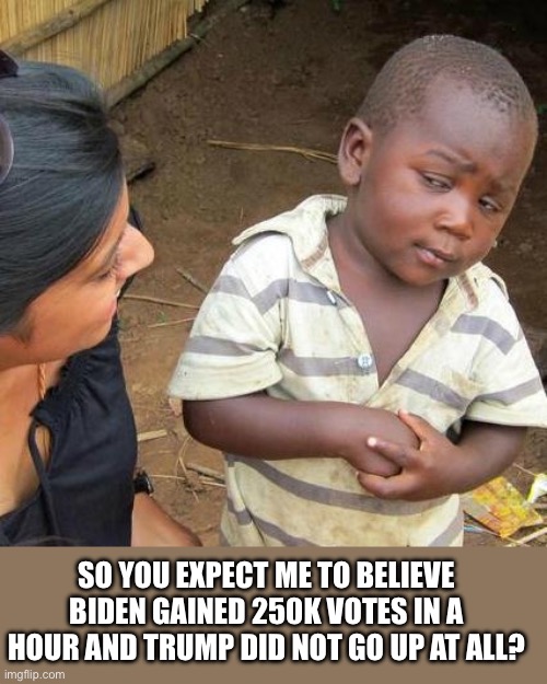 Third World Skeptical Kid Meme | SO YOU EXPECT ME TO BELIEVE BIDEN GAINED 250K VOTES IN A HOUR AND TRUMP DID NOT GO UP AT ALL? | image tagged in memes,third world skeptical kid | made w/ Imgflip meme maker