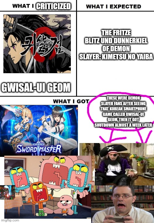What I Watched/ What I Expected/ What I Got | CRITICIZED; THE FRITZE BLITZ UND DUNNERKIEL OF DEMON SLAYER: KIMETSU NO YAIBA; GWISAL-UI GEOM; THESE WERE DEMON SLAYER FANS AFTER SEEING THAT KOREAN SMARTPHONE GAME CALLED GWISAL-UI GEOM, THEN IT GOT SHUTDOWN ALMOST A WEEK LATER | image tagged in what i watched/ what i expected/ what i got,bootleg,avgn,tawog,patchy the pirate | made w/ Imgflip meme maker